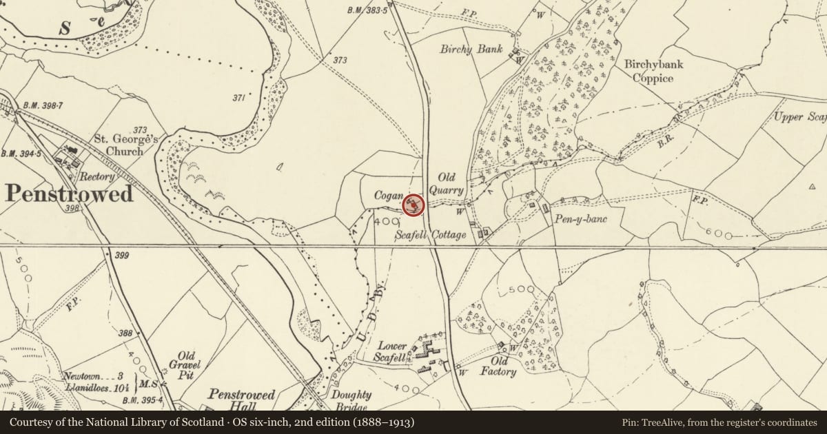 Ordnance Survey six-inch map, 2nd edition (1888–1913) covering the location of Cogan Cottage, Aberhafesp, Powys, with a pin at the register's coordinates
