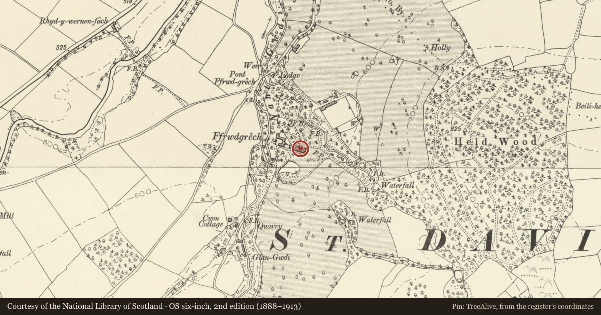 Ordnance Survey six-inch map, 2nd edition (1888–1913) covering the location of Ffrwdgrech House, Glyn Tarell, Powys, with a pin at the register's coordinates