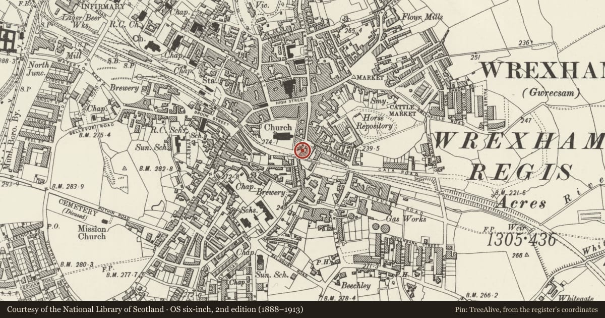 Ordnance Survey six-inch map, 2nd edition (1888–1913) covering the location of Former Border Brewery Chimney, Offa, Wrexham, with a pin at the register's coordinates