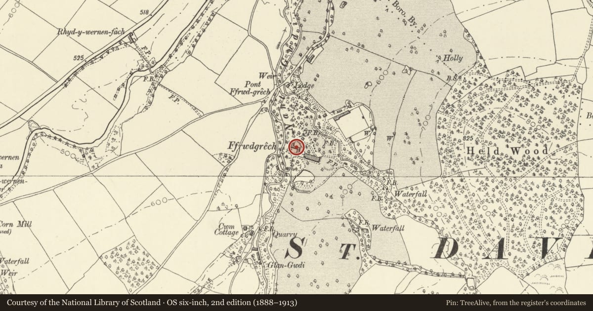 Ordnance Survey six-inch map, 2nd edition (1888–1913) covering the location of Stable Block at Ffrwdgrech, Glyn Tarell, Powys, with a pin at the register's coordinates