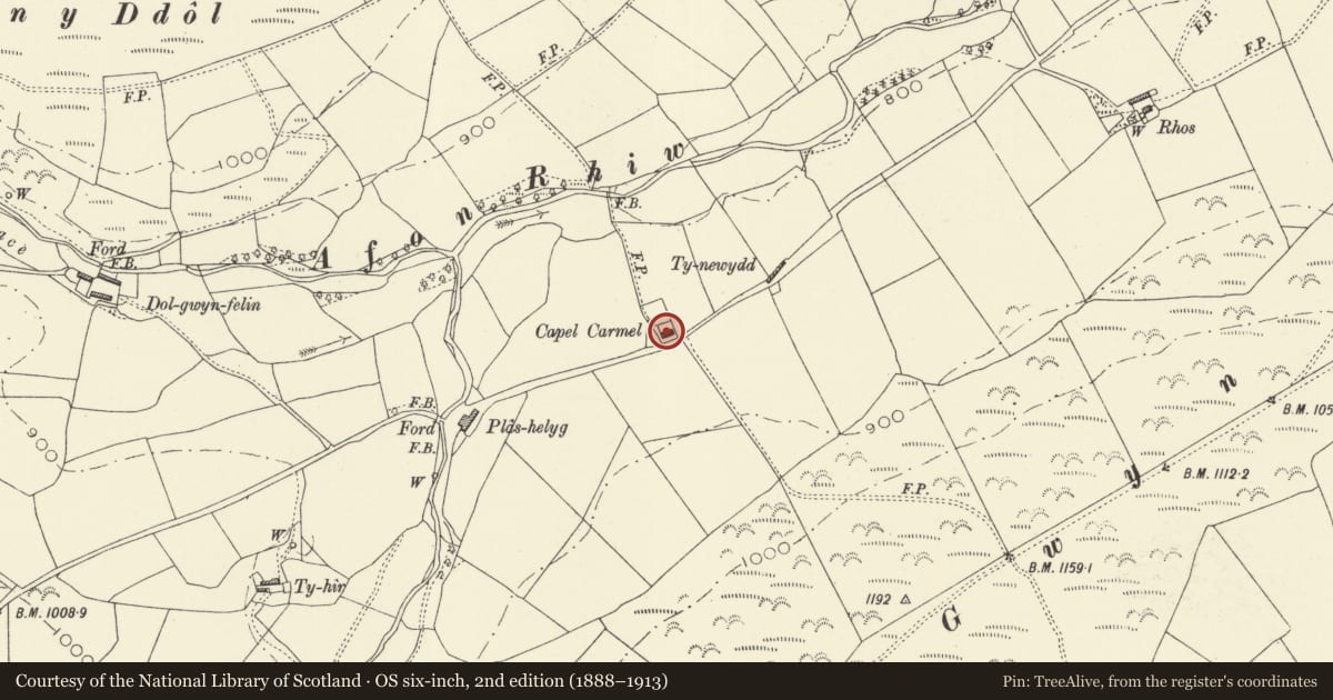 Ordnance Survey six-inch map, 2nd edition (1888–1913) covering the location of Capel Carmel, Dwyriw, Powys, with a pin at the register's coordinates