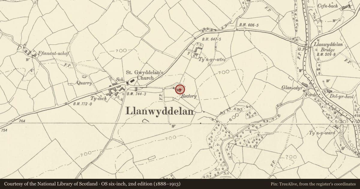 Ordnance Survey six-inch map, 2nd edition (1888–1913) covering the location of The Old Rectory, Dwyriw, Powys, with a pin at the register's coordinates