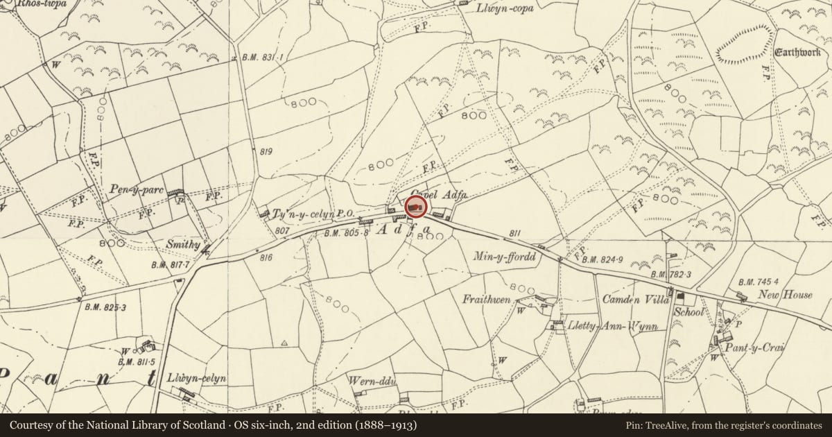 Ordnance Survey six-inch map, 2nd edition (1888–1913) covering the location of Memorial to Lewis Evan, Dwyriw, Powys, with a pin at the register's coordinates