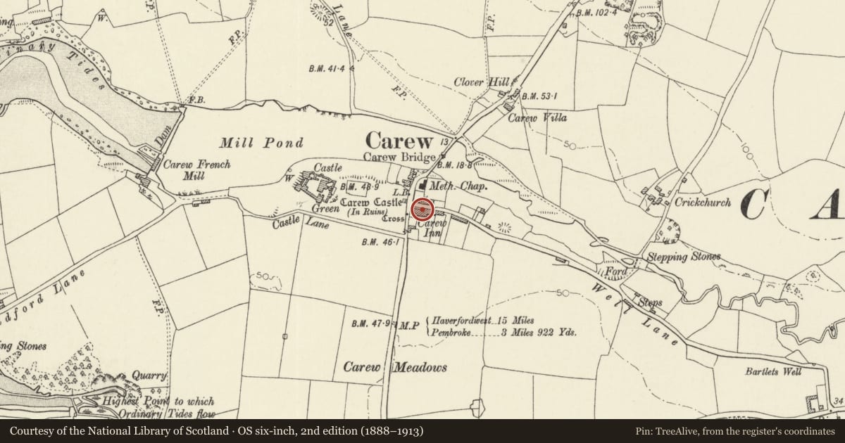 Ordnance Survey six-inch map, 2nd edition (1888–1913) covering the location of No 1 & 2, Carew, Pembrokeshire, with a pin at the register's coordinates