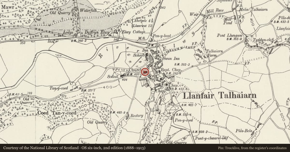 Ordnance Survey six-inch map, 2nd edition (1888–1913) covering the location of Parish Church of St Mary, Llanfair Talhaiarn, Conwy, with a pin at the register's coordinates