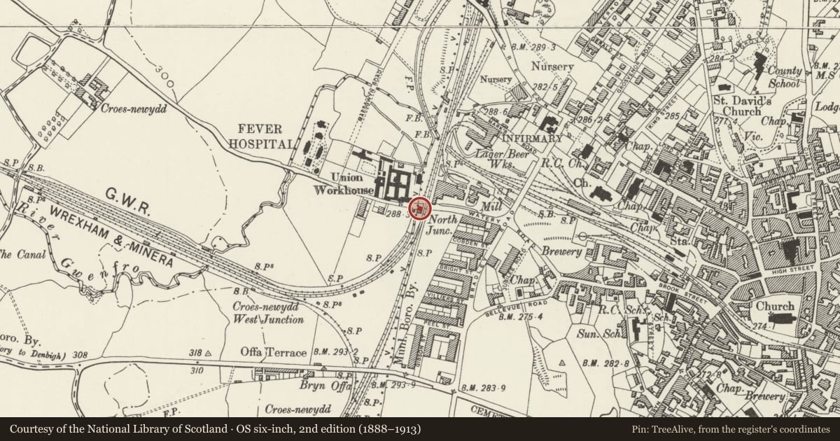 Ordnance Survey six-inch map, 2nd edition (1888–1913) covering the location of Former Crossing Keeper's Cottage at Croesnewydd North Fork, Offa, Wrexham, with a pin at the register's coordinates