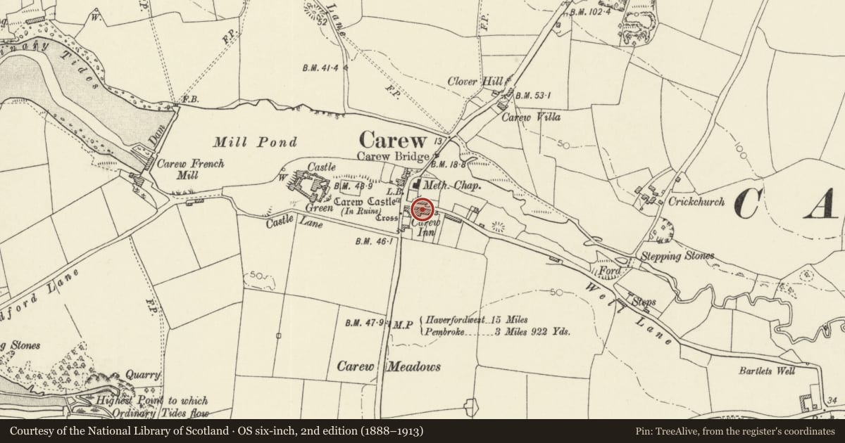 Ordnance Survey six-inch map, 2nd edition (1888–1913) covering the location of Old Stable Cottage, Carew, Pembrokeshire, with a pin at the register's coordinates