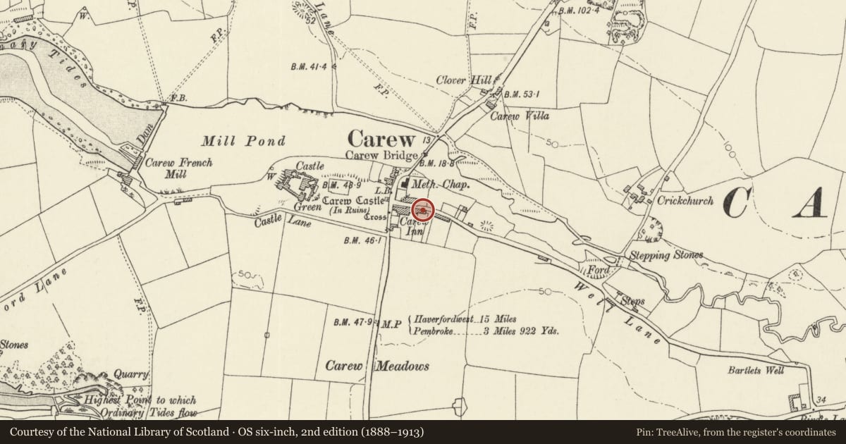 Ordnance Survey six-inch map, 2nd edition (1888–1913) covering the location of 5 Picton Terrace, Carew, Pembrokeshire, with a pin at the register's coordinates
