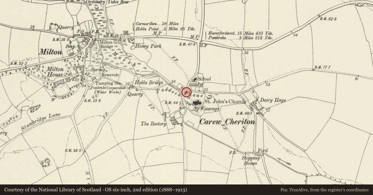 Ordnance Survey six-inch map, 2nd edition (1888–1913) covering the location of Old Almshouses, Carew, Pembrokeshire, with a pin at the register's coordinates