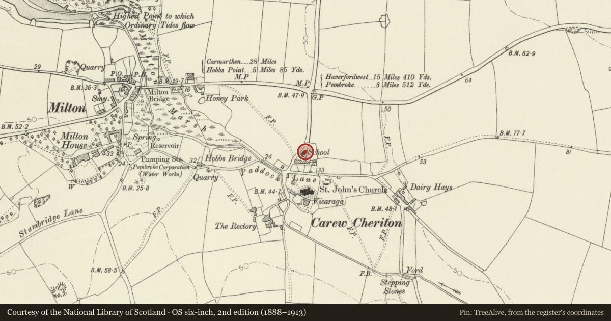 Ordnance Survey six-inch map, 2nd edition (1888–1913) covering the location of Old School and Schoolteacher's House, Carew, Pembrokeshire, with a pin at the register's coordinates