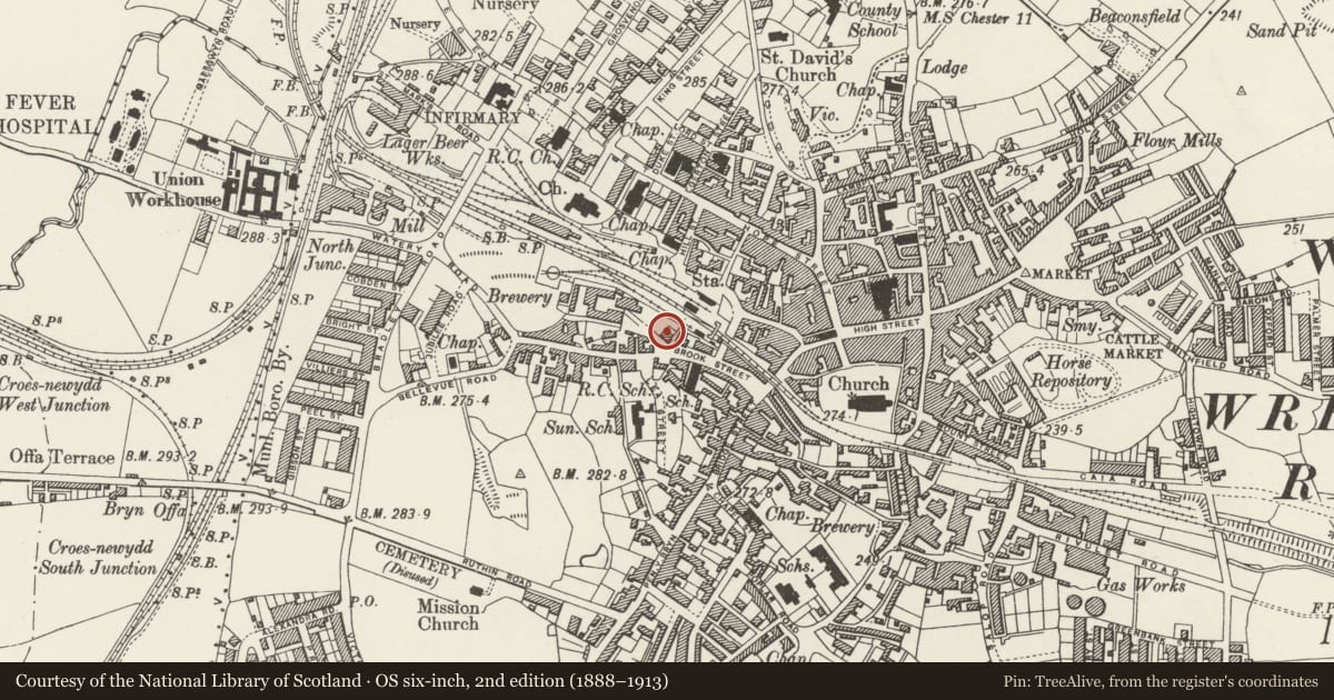 Ordnance Survey six-inch map, 2nd edition (1888–1913) covering the location of The Old Three Tuns Public House, Offa, Wrexham, with a pin at the register's coordinates