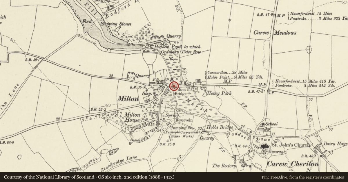 Ordnance Survey six-inch map, 2nd edition (1888–1913) covering the location of Milton Bridge, Carew, Pembrokeshire, with a pin at the register's coordinates