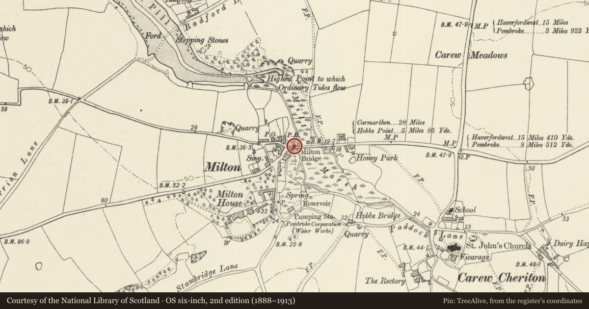 Ordnance Survey six-inch map, 2nd edition (1888–1913) covering the location of Telephone Call-box, Carew, Pembrokeshire, with a pin at the register's coordinates