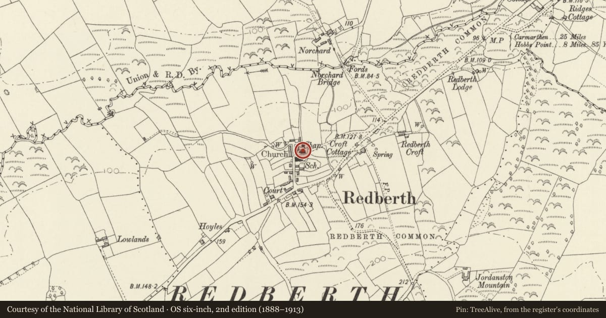 Ordnance Survey six-inch map, 2nd edition (1888–1913) covering the location of Redberth Parish Church, Carew, Pembrokeshire, with a pin at the register's coordinates
