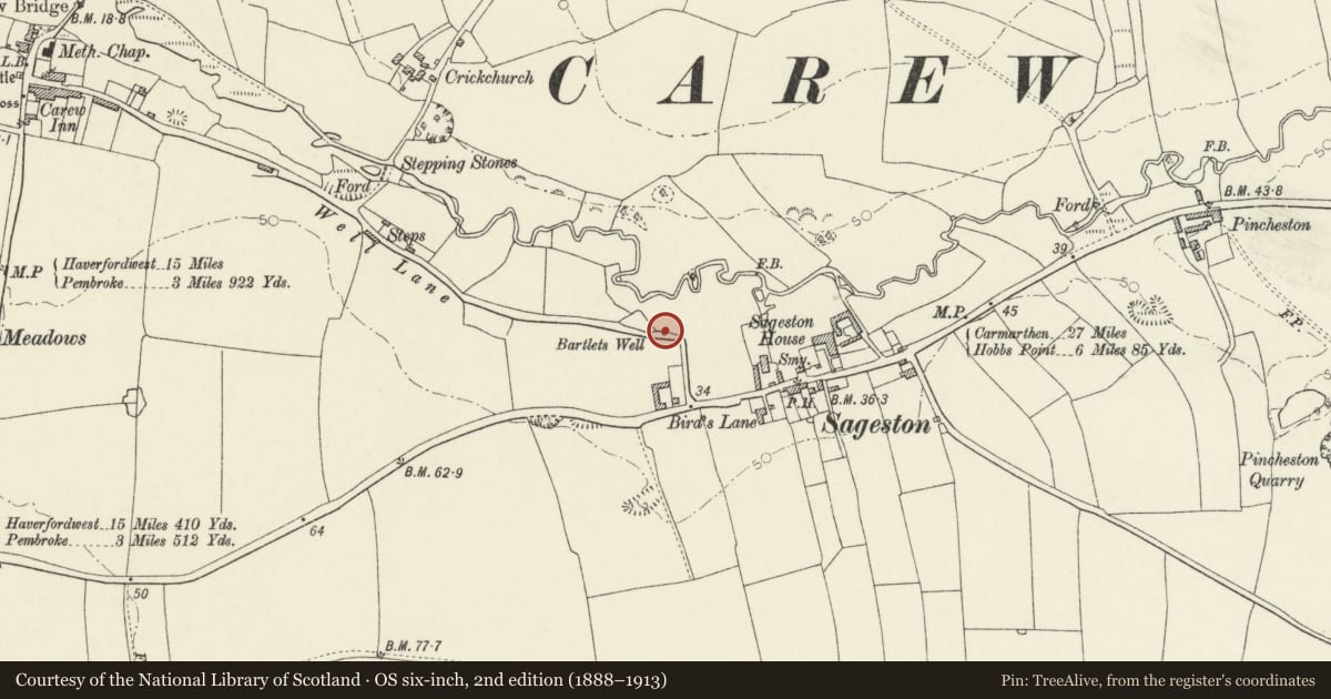 Ordnance Survey six-inch map, 2nd edition (1888–1913) covering the location of Bartlett's Well, Carew, Pembrokeshire, with a pin at the register's coordinates