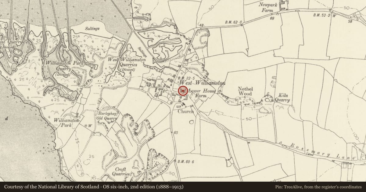 Ordnance Survey six-inch map, 2nd edition (1888–1913) covering the location of Lower House Farmhouse, Carew, Pembrokeshire, with a pin at the register's coordinates