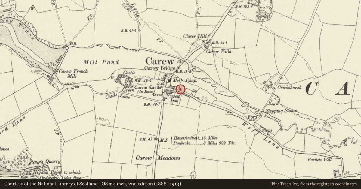 Ordnance Survey six-inch map, 2nd edition (1888–1913) covering the location of Telephone Call-box, Carew, Pembrokeshire, with a pin at the register's coordinates