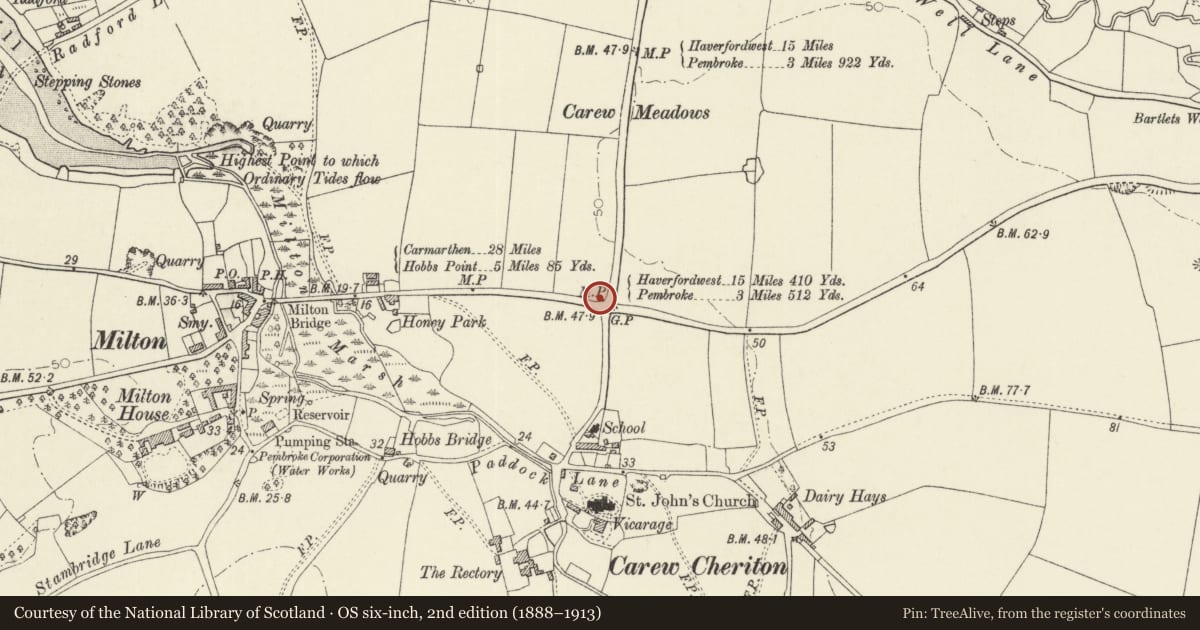 Ordnance Survey six-inch map, 2nd edition (1888–1913) covering the location of Milepost at junction of A477 with A4075, Carew, Pembrokeshire, with a pin at the register's coordinates