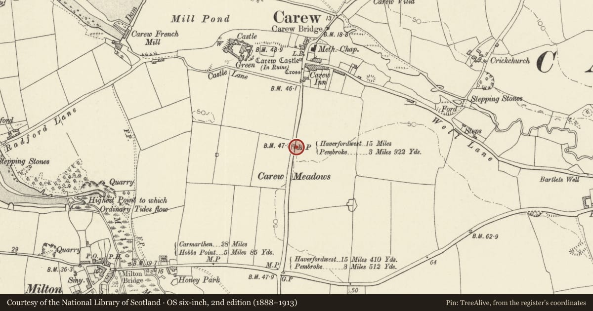 Ordnance Survey six-inch map, 2nd edition (1888–1913) covering the location of Milepost near Carew Cricket Ground, Pembrokeshire, with a pin at the register's coordinates