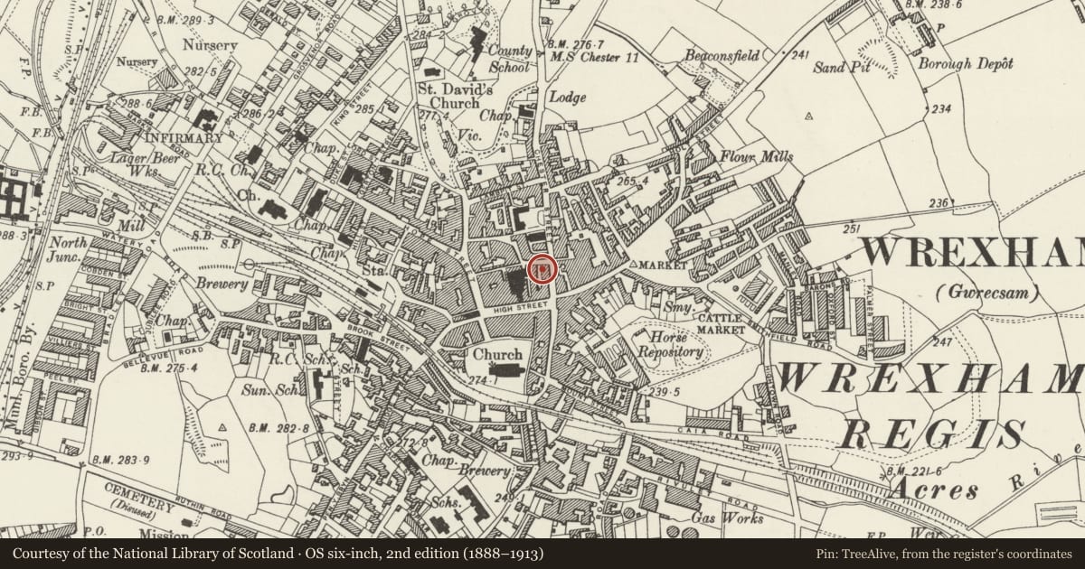 Ordnance Survey six-inch map, 2nd edition (1888–1913) covering the location of The Old Vaults Public House, Rhosddu, Wrexham, with a pin at the register's coordinates