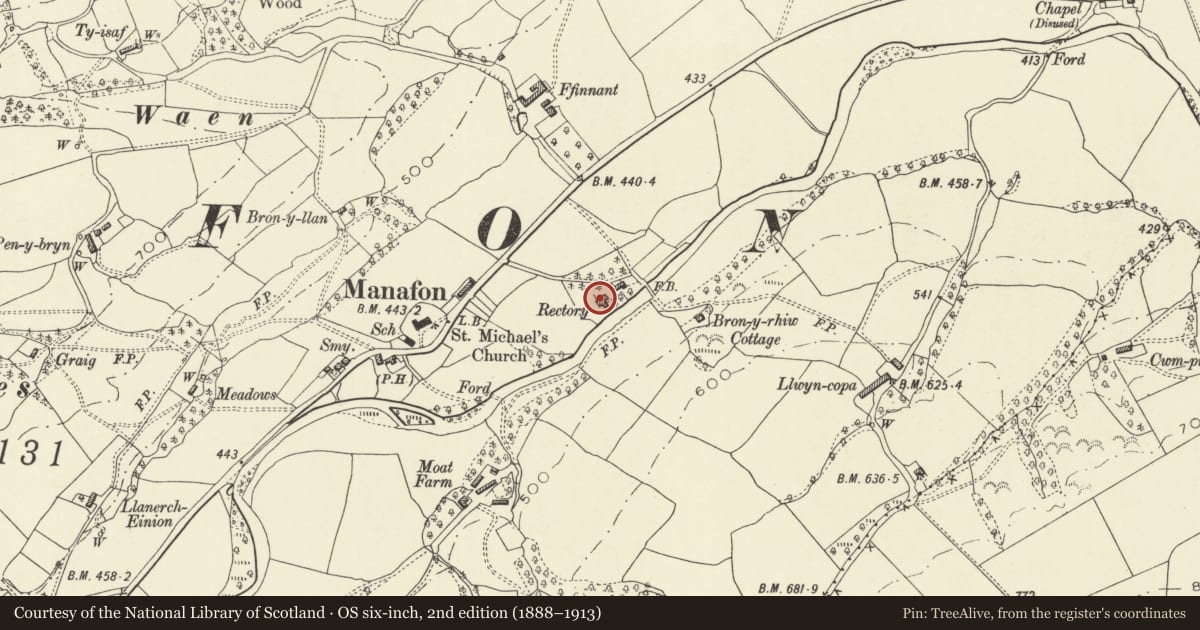 Ordnance Survey six-inch map, 2nd edition (1888–1913) covering the location of The Grange, also known as The Old Rectory, Manafon, Powys, with a pin at the register's coordinates