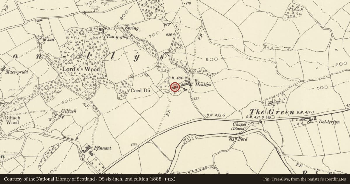 Ordnance Survey six-inch map, 2nd edition (1888–1913) covering the location of Hen llys, Manafon, Powys, with a pin at the register's coordinates