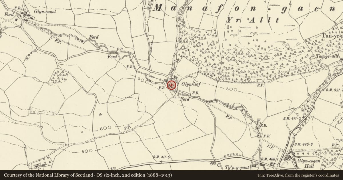 Ordnance Survey six-inch map, 2nd edition (1888–1913) covering the location of Farm building at Lower Glyn farm, Manafon, Powys, with a pin at the register's coordinates