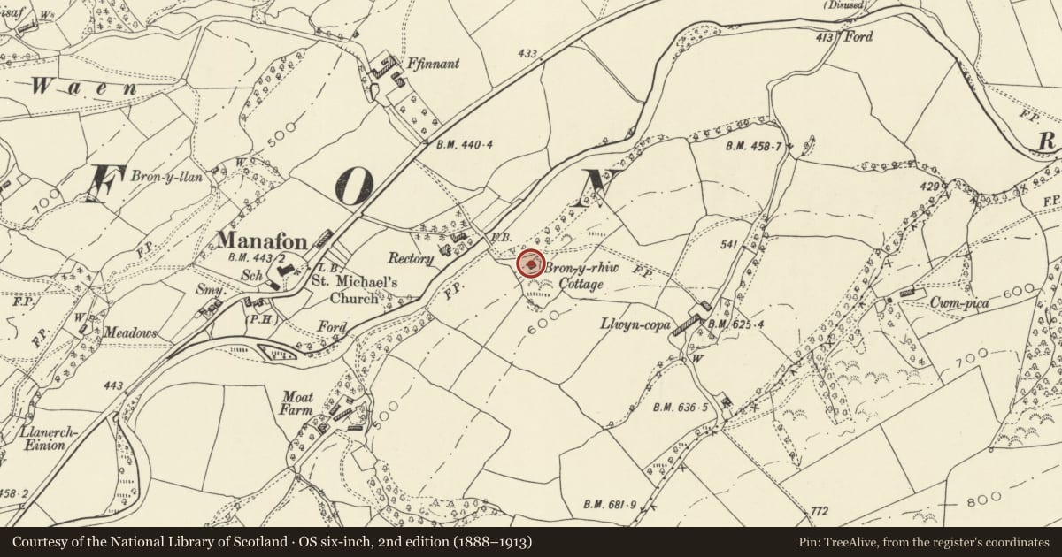 Ordnance Survey six-inch map, 2nd edition (1888–1913) covering the location of Bron-y-rhiw Cottage, Manafon, Powys, with a pin at the register's coordinates
