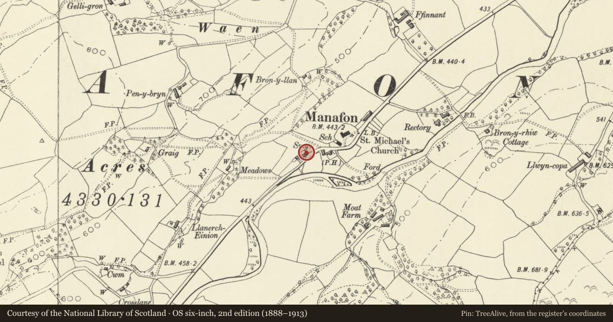 Ordnance Survey six-inch map, 2nd edition (1888–1913) covering the location of The Smithy, Manafon, Powys, with a pin at the register's coordinates