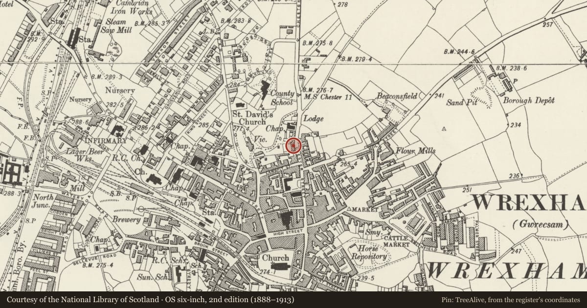 Ordnance Survey six-inch map, 2nd edition (1888–1913) covering the location of The Old Registry Office, Rhosddu, Wrexham, with a pin at the register's coordinates