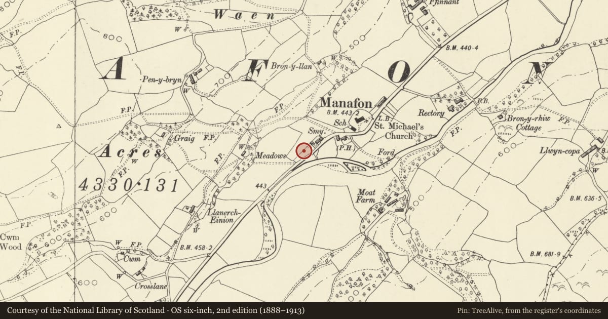 Ordnance Survey six-inch map, 2nd edition (1888–1913) covering the location of Manafon smithy, Powys, with a pin at the register's coordinates