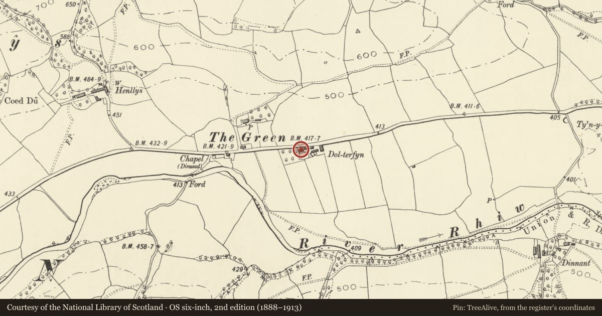 Ordnance Survey six-inch map, 2nd edition (1888–1913) covering the location of Dol-terfyn, Manafon, Powys, with a pin at the register's coordinates