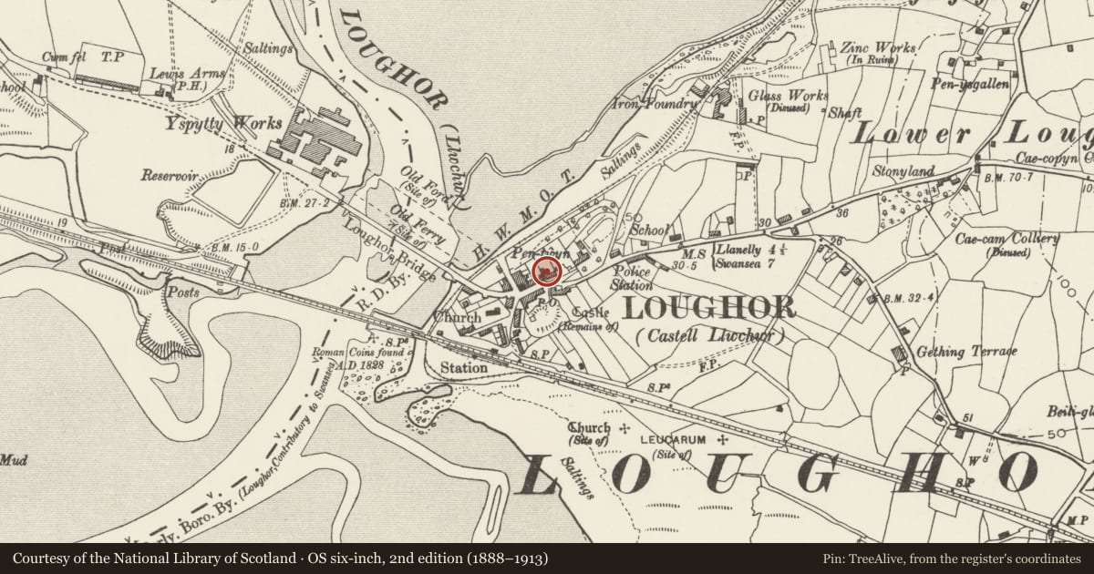 Ordnance Survey six-inch map, 2nd edition (1888–1913) covering the location of The Sanctuary, Llwchwr, Swansea, with a pin at the register's coordinates