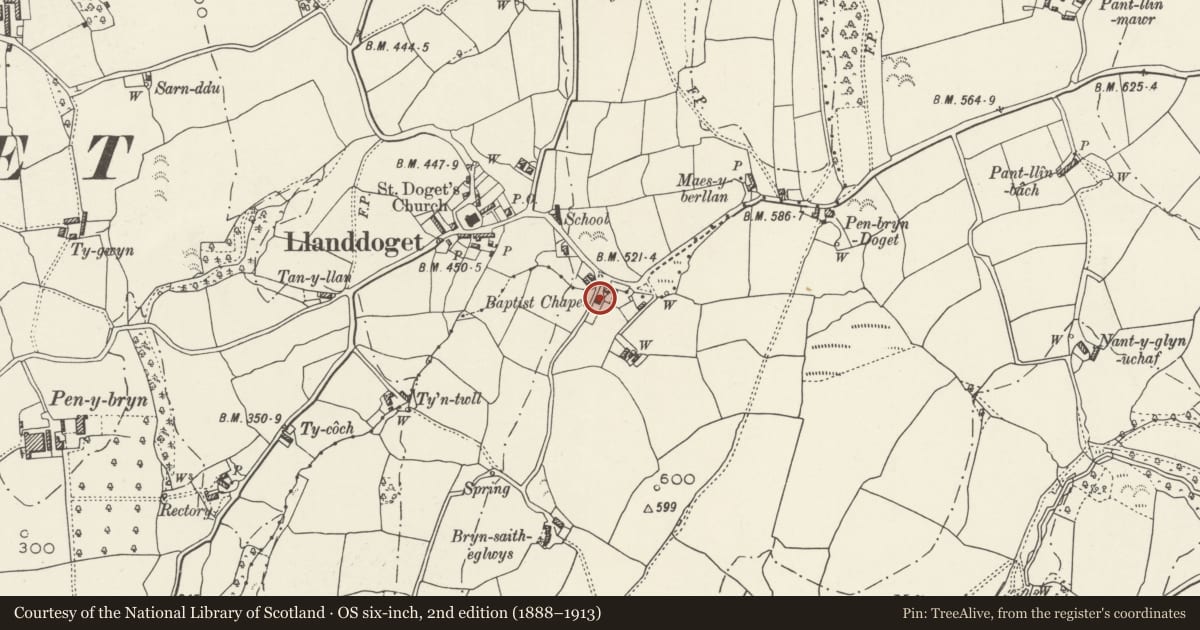 Ordnance Survey six-inch map, 2nd edition (1888–1913) covering the location of Capel Soar, Llanddoged and Maenan, Conwy, with a pin at the register's coordinates