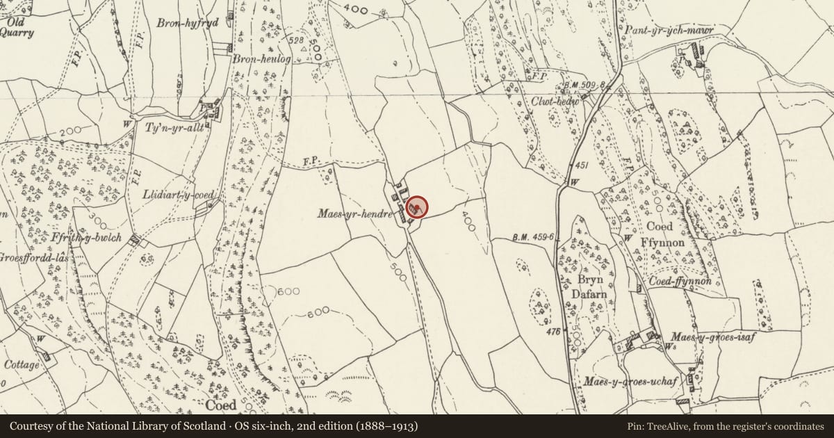 Ordnance Survey six-inch map, 2nd edition (1888–1913) covering the location of Maes-yr-Hendre Cottage, Llanddoged and Maenan, Conwy, with a pin at the register's coordinates