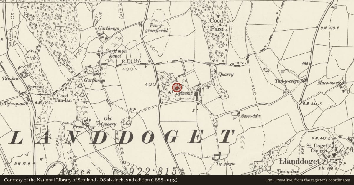 Ordnance Survey six-inch map, 2nd edition (1888–1913) covering the location of Belmont, Llanddoged and Maenan, Conwy, with a pin at the register's coordinates