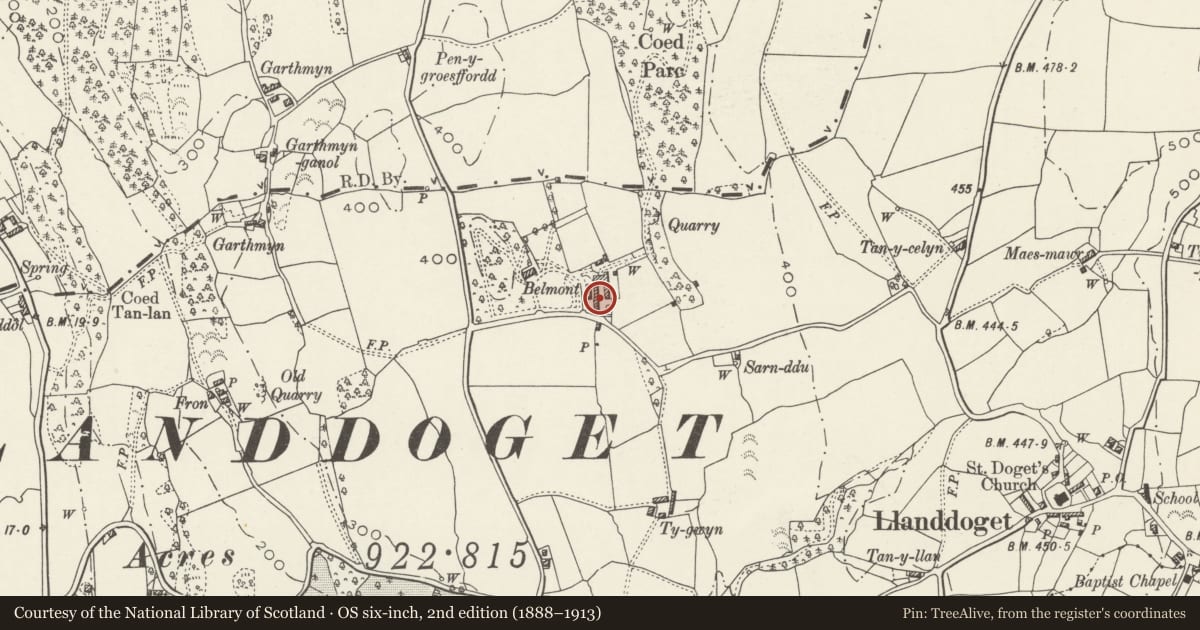 Ordnance Survey six-inch map, 2nd edition (1888–1913) covering the location of Former Stable Complex at Belmont, Llanddoged and Maenan, Conwy, with a pin at the register's coordinates