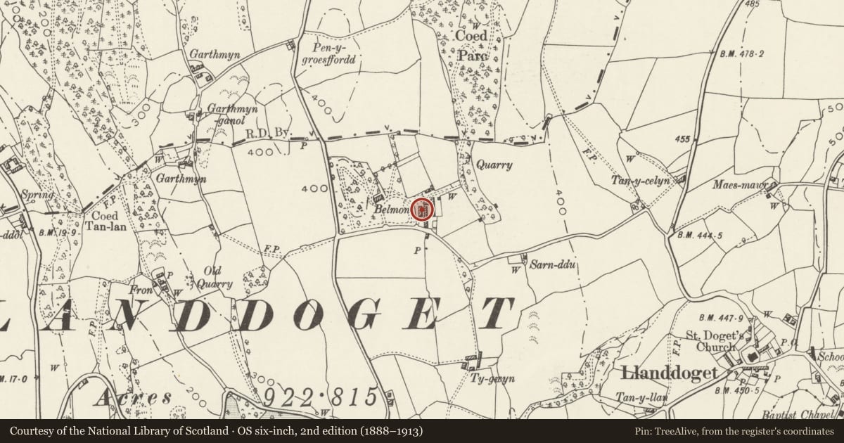 Ordnance Survey six-inch map, 2nd edition (1888–1913) covering the location of Barn at Belmont, Llanddoged and Maenan, Conwy, with a pin at the register's coordinates