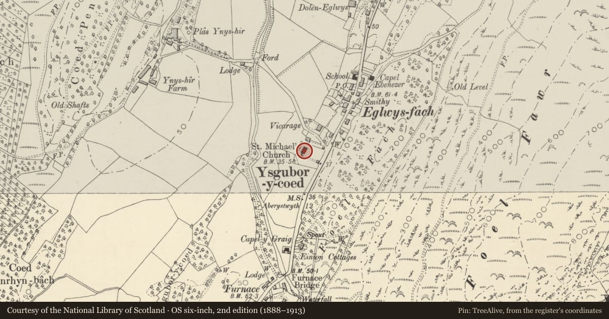 Ordnance Survey six-inch map, 2nd edition (1888–1913) covering the location of Church of St Michael, Ysgubor-y-Coed, Ceredigion, with a pin at the register's coordinates