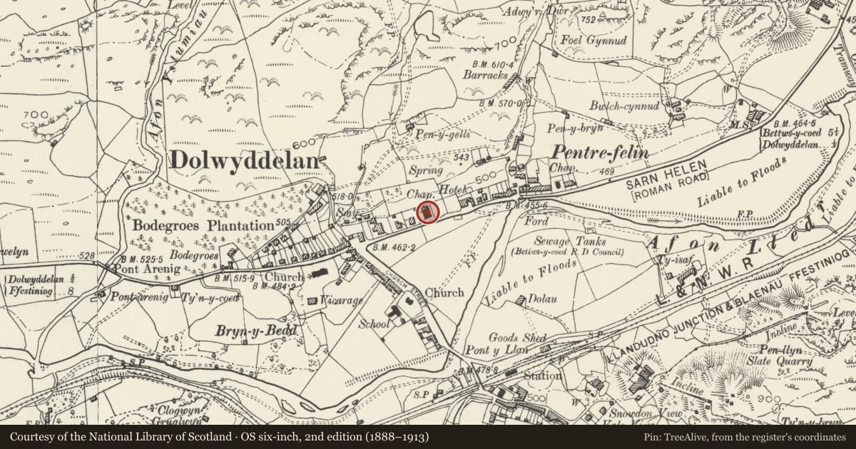 Ordnance Survey six-inch map, 2nd edition (1888–1913) covering the location of Moriah Calvinistic Methodist Chapel, Dolwyddelan, Conwy, with a pin at the register's coordinates