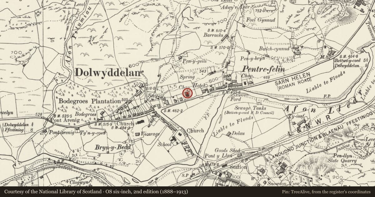 Ordnance Survey six-inch map, 2nd edition (1888–1913) covering the location of Ty Capel Moriah, Dolwyddelan, Conwy, with a pin at the register's coordinates