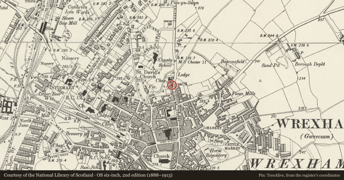 Ordnance Survey six-inch map, 2nd edition (1888–1913) covering the location of 26 Chester Street, Rhosddu, Wrexham, with a pin at the register's coordinates