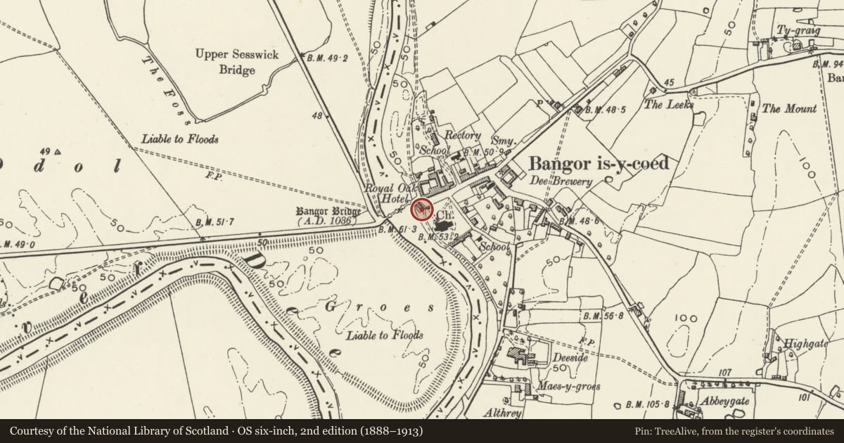Ordnance Survey six-inch map, 2nd edition (1888–1913) covering the location of War Memorial, Bangor is-y-Coed, Wrexham, with a pin at the register's coordinates