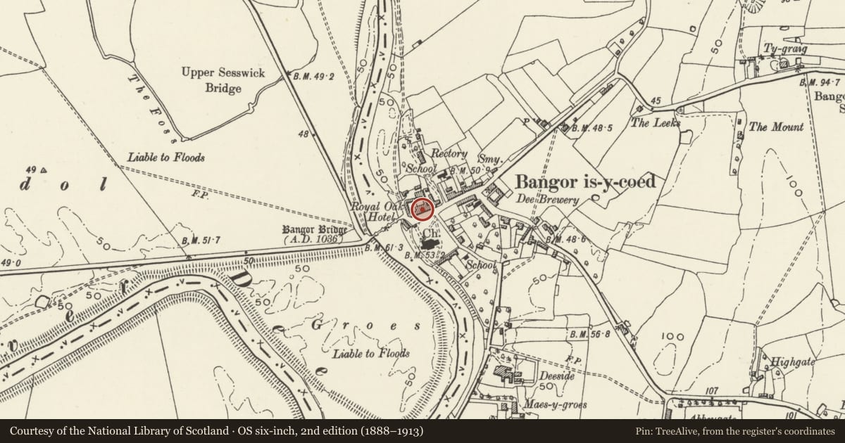 Ordnance Survey six-inch map, 2nd edition (1888–1913) covering the location of Old Bridge House, Bangor is-y-Coed, Wrexham, with a pin at the register's coordinates