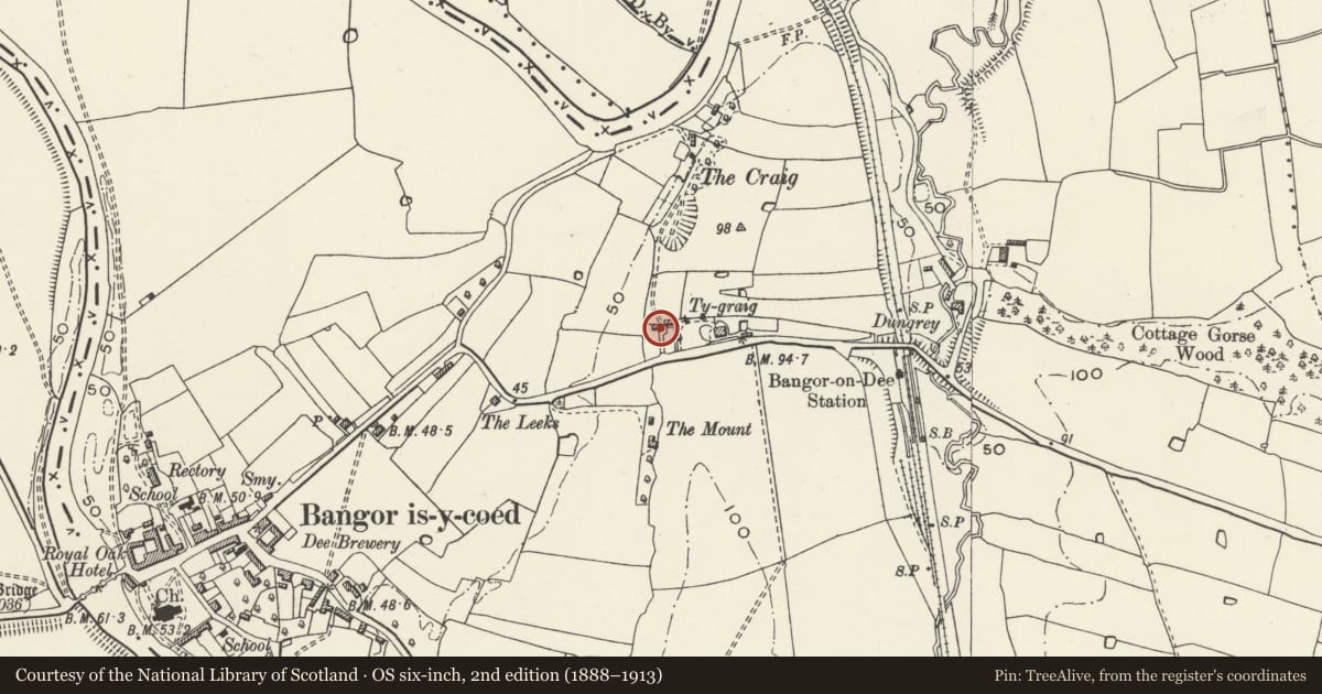 Ordnance Survey six-inch map, 2nd edition (1888–1913) covering the location of Graig Cottage, Bangor is-y-Coed, Wrexham, with a pin at the register's coordinates