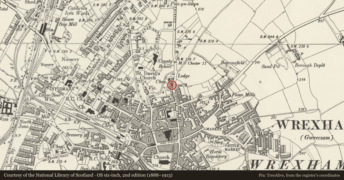 Ordnance Survey six-inch map, 2nd edition (1888–1913) covering the location of 27 Chester Street, Rhosddu, Wrexham, with a pin at the register's coordinates