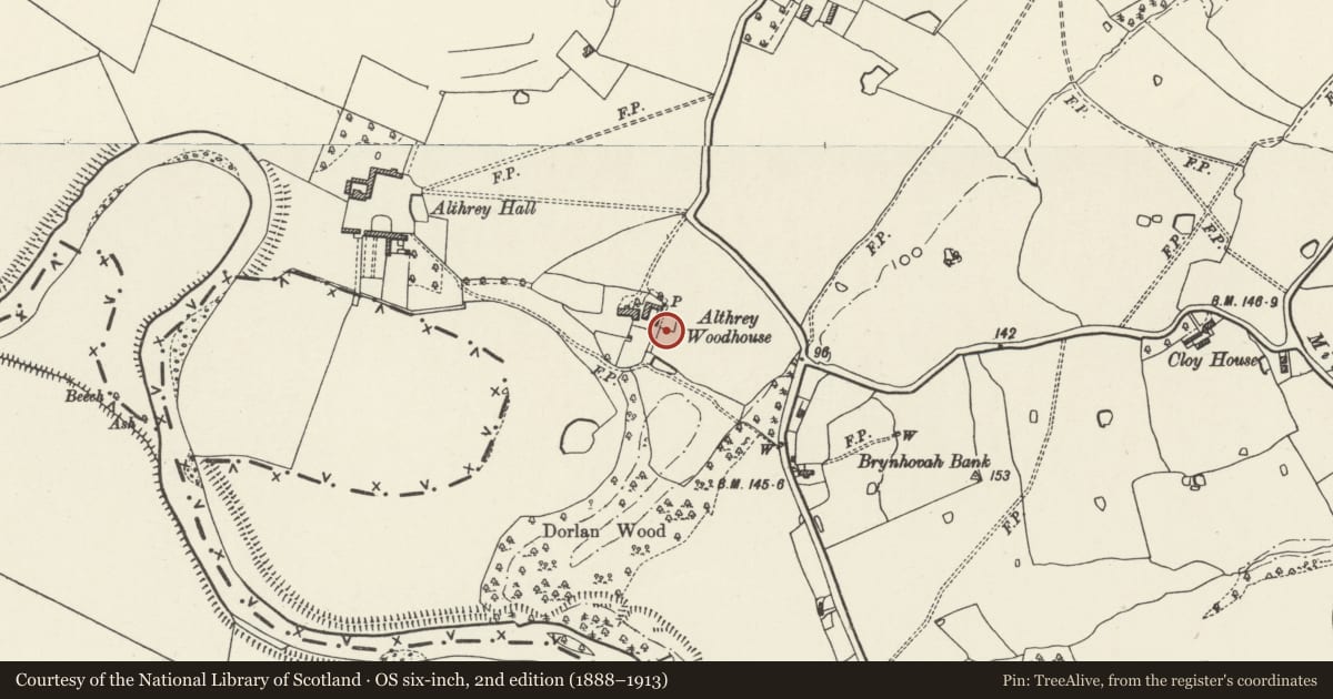 Ordnance Survey six-inch map, 2nd edition (1888–1913) covering the location of Althrey Woodhouse Barn, Bangor is-y-Coed, Wrexham, with a pin at the register's coordinates