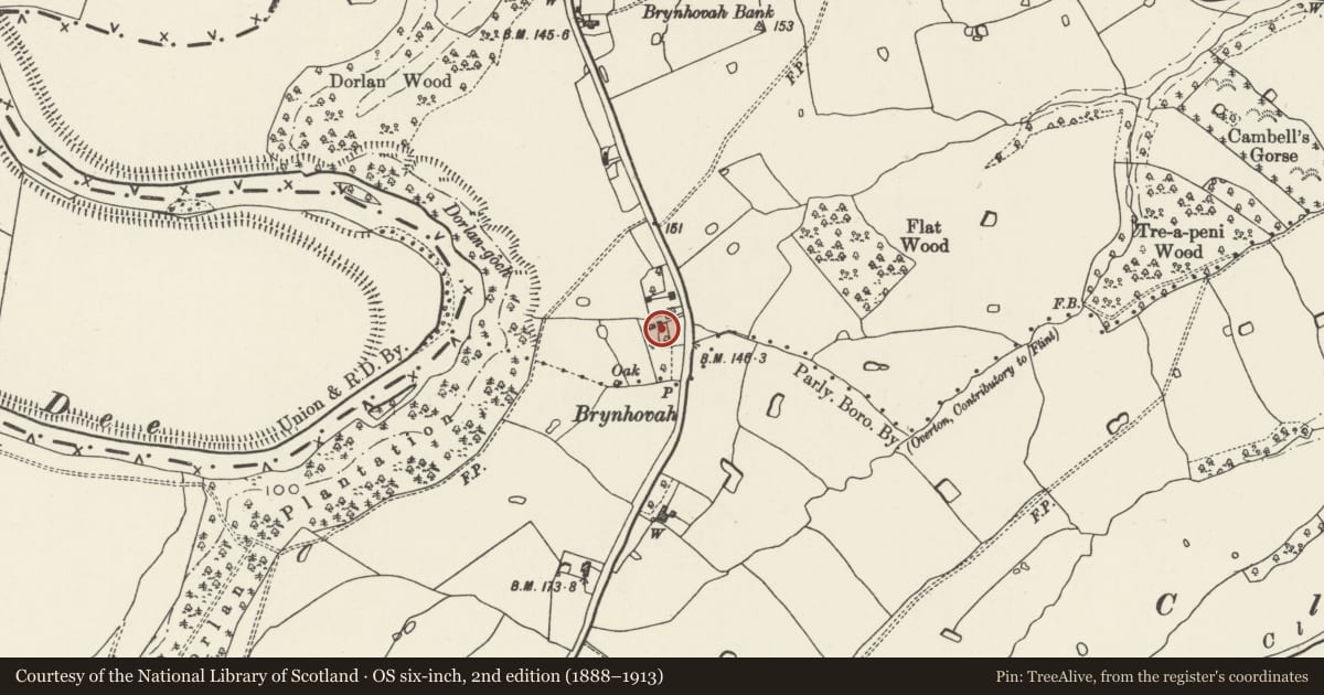 Ordnance Survey six-inch map, 2nd edition (1888–1913) covering the location of Brynhovah Cottage, Bangor is-y-Coed, Wrexham, with a pin at the register's coordinates