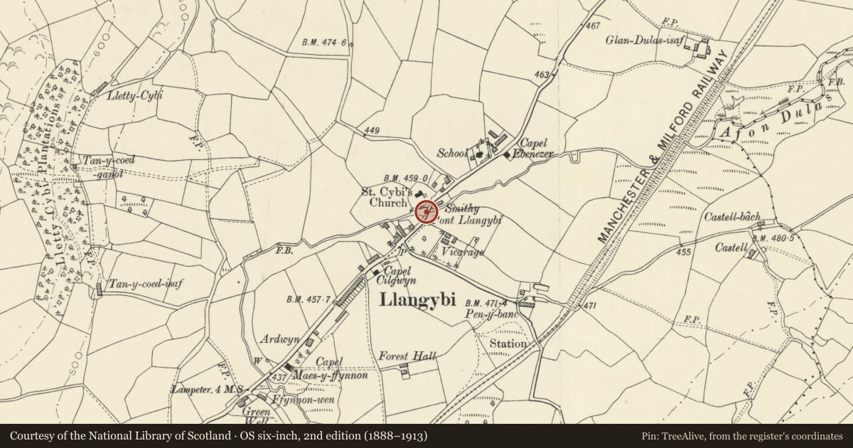 Ordnance Survey six-inch map, 2nd edition (1888–1913) covering the location of Pont Llangybi, Ceredigion, with a pin at the register's coordinates