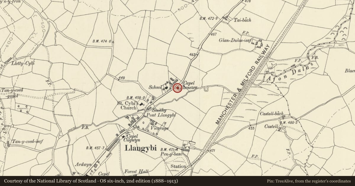Ordnance Survey six-inch map, 2nd edition (1888–1913) covering the location of Capel Ebenezer, Llangybi, Ceredigion, with a pin at the register's coordinates